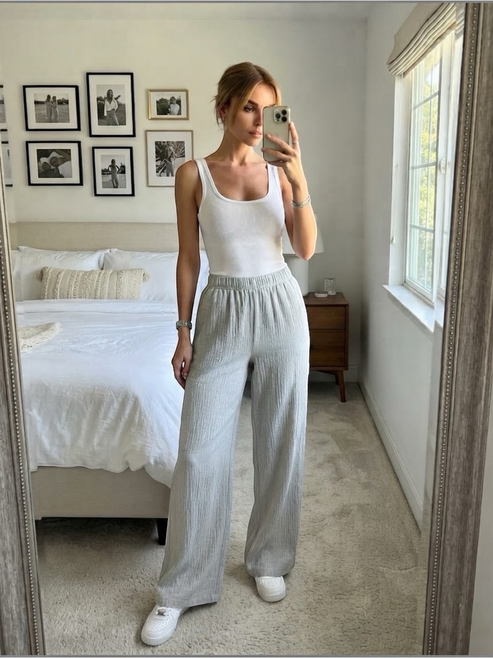 Oak + Fort Wide Leg Pants Gray Crinkle Elastic Waist Mid Rise Small Petite S-P